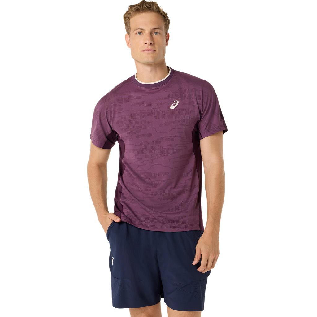 Haut homme à manches courtes jacquard assorti, couleur aubergine