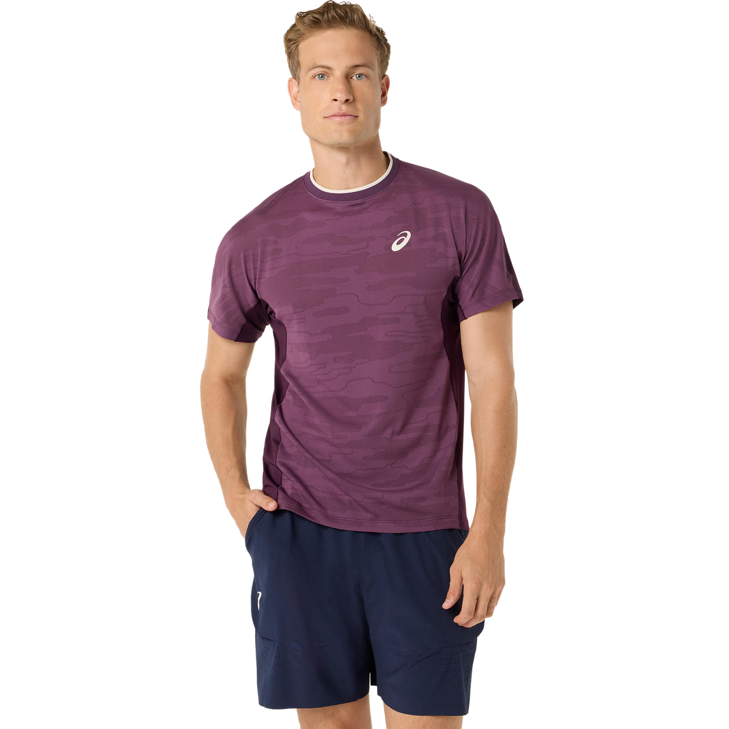 Haut homme à manches courtes jacquard assorti, couleur aubergine